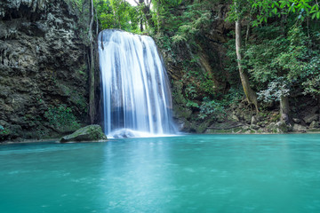 Wall Mural - Erawan water fall (Third floor), tropical rainforest at Srinakarin Dam, Kanchanaburi, Thailand.Erawan water fall is  beautiful waterfall in Thailand. Unseen Thailand