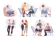 Flat Style Business People Characters In Workplace. Male And Female Persons In Office Room. Businessmen And Businesswomen At Work Place.