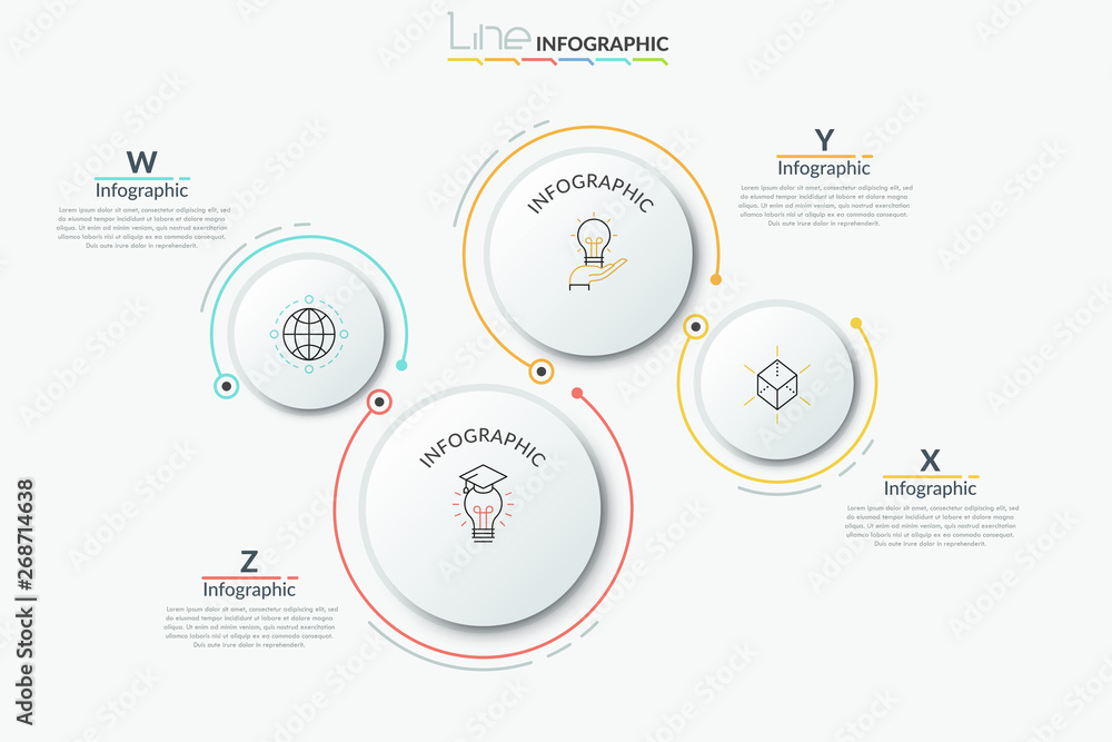Four separate paper white round elements of different size with thin ...
