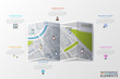 Paper city map, location marks, thin line icons and text boxes. Concept of routing or optimal route planning, path selection, urban touristic service. Vector illustration for application, website.