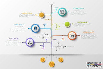 Tree diagram or vertical timeline with dollar coins at bottom, interconnected round elements with linear symbols and text boxes. Concept of money investment, annual profit. Vector illustration.