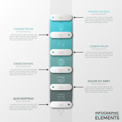 Vertical stripe with 6 numbered rounded rectangles or sliders, thin line icons and text boxes. Modern infographic design template. Vector illustration for mobile application interface, website menu.