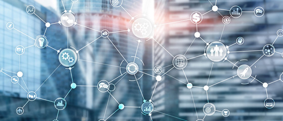 Wall Mural - business process structure industrial workflow diagram automation innovation concept on virtual scre