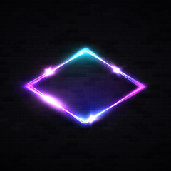 Wall Mural - neon rhombus background on black brick wall. retro light lozenge sign with neon effect. technology s