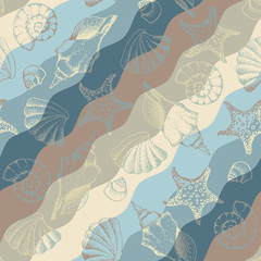 Fototapete - Seamless pattern. Blue pattern and hand draw in marine style. Vector illustration.