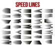 Big set of different simple black speed line. Comic Book Design Element Zoom Lines Manga cartoon on white background. Vector Illustration