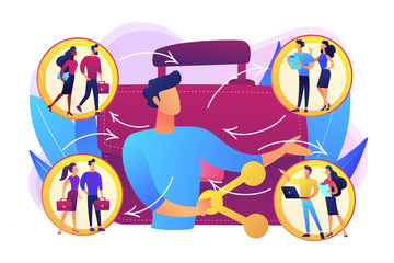 Sticker - Job interview, vacancy candidates. Social networking, workflow. Employee sharing, new forms of employment, strategic employment sharing concept. Bright vibrant violet vector isolated illustration