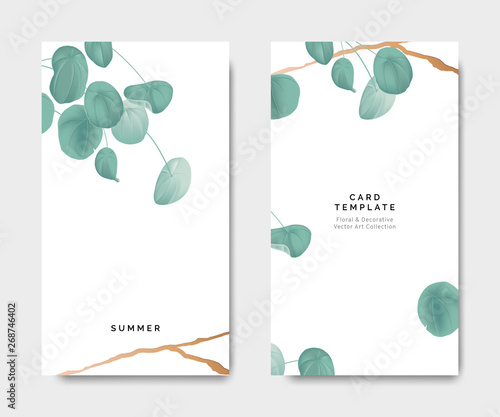 Minimalist botanical card template design, Pilea peperomioides plant with gol...