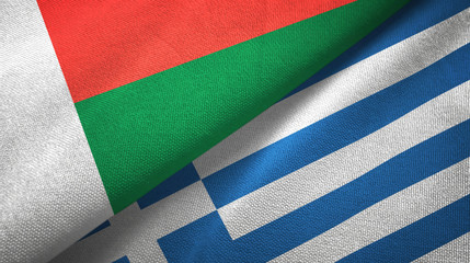 Madagascar and Greece two flags textile cloth, fabric texture