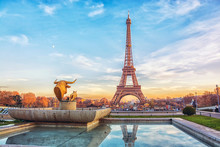 Eiffel Tower At Sunset In Paris, France. Romantic Travel Background