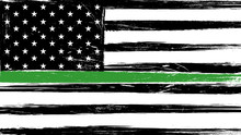 Grunge USA Flag With A Thin Green Line - A Sign To Honor And Respect American Border Patrol, Park Rangers And Federal Agents.