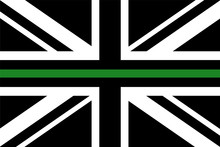 United Kingdom Flag With A Thin Green Line - A Sign To Honor And Respect British Border Patrol, Park Rangers And Federal Agents.