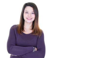 Wall Mural - Young pretty brunette woman on white background smiles and laughs to the camera aside copy space