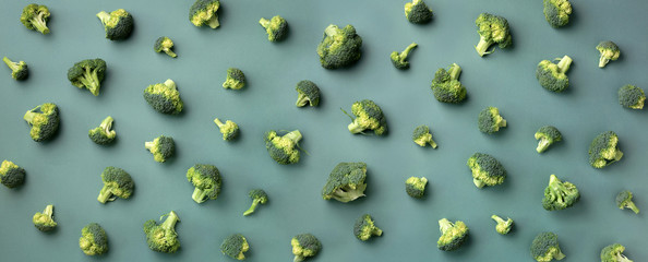 Creative layout of fresh broccoli on green paper background. Top view. Food pattern in minimal style. Flat lay. Banner