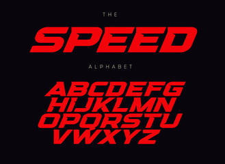 speed letters set. red race font. italic bold racing style vector latin alphabet. fonts for event, p