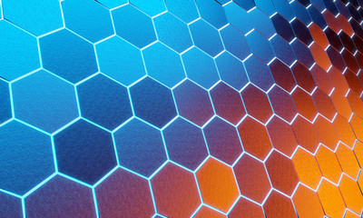 Glowing black blue and orange hexagons background pattern on silver metal surface 3D rendering