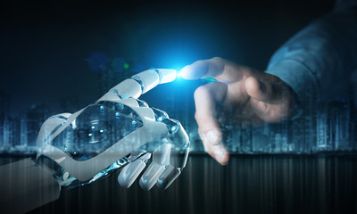 Fototapete - Robot hand making contact with human hand on dark background 3D rendering