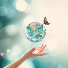 World environment day, ecology and ozone layer protection concept with woman's hand supporting earth planet under sun light flare with beautiful butterfly: Elements of this image furnished by NASA ..