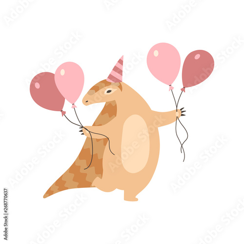 Cute Pangolin Cartoon Character In Party Hat With Pink Balloons Rare Species Of Animals Vector Illustration Stock Vector Adobe Stock