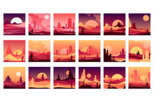 Vectoe Set Of Cards With Western Desert Landscapes With Silhouettes Of Rocky Mountains, Cactus Plants And Sunset Sunrise. Design In Gradient Colors