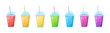 Fresh fruit smoothie shake cocktail set vector illustration. Coolection of glass with layers of sweet vitamin juice cocktail or protein shake in rainbow colors for smoothies summer menu