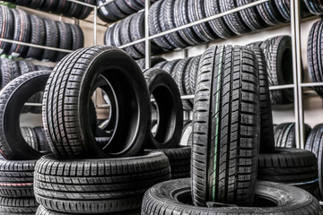 Car tires in automobile store