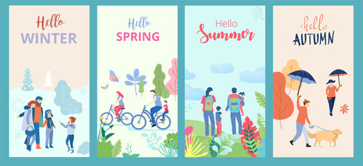 Wall Mural - Hello summer, spring, autumn, winter. Set of posters or cards with people and outdoor seasonal entertainment.