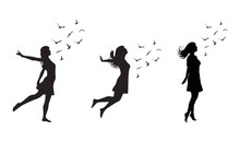 Set Of Silhouette Of Freedom Girl With  Birds. Vector Fashion Illustration