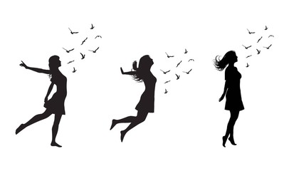 set of silhouette of freedom girl with birds. vector fashion illustration