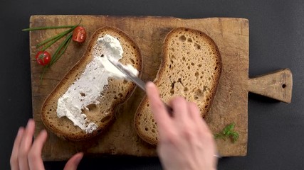 Wall Mural - bread slices with cheese cream, smoked salmon and herbs