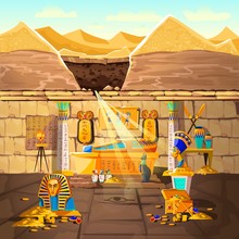 Ancient Egypt Pharaoh Lost Tomb, Underground Cartoon Vector Illustration. Archeological Excavations, Treasures Hunting Concept. Desert, Dug Sand And Sunbeam In Crypt With Sarcophagus And Gold Coins