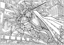 Coloring Page For Adults . Girl Knight Rushes Into Battle In Armor Holding A Shield And A Sword