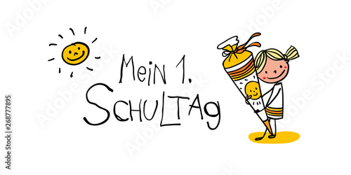 Erster Schultag First Day Of School Madchen Mit Sonniger Schultute Freut Sich Uber Einschulung Buy This Stock Vector And Explore Similar Vectors At Adobe Stock Adobe Stock