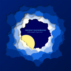The sky is visible through a large number of Obaks. Cumulus in a circle. Paper cut design for packaging, advertising, books, invitations, booklets. Moon through the clouds. Night. Vector illustration