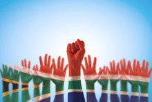 South Africa National Flag Pattern On Leader's Fist Hands (clipping Path)  For Human Rights, Leadership, Reconciliation Concept