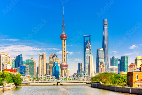 Shanghai pudong skyline with historical Waibaidu bridge, China during summer sun Wallpaper Mural
