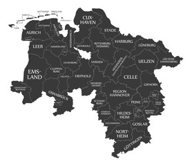 Poster - Modern Map - Lower Saxony map of Germany with counties and labels black