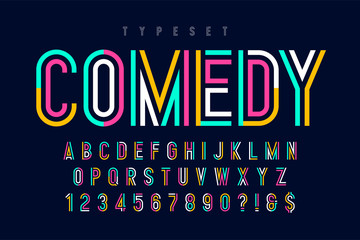 condensed colorful display font design, alphabet and numbers.