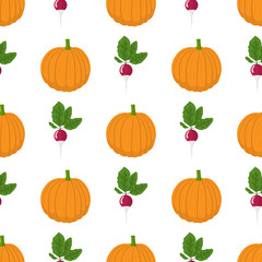 seamless pattern with pumpkin and radish vegetables. organic food. cartoon style. vector illustratio