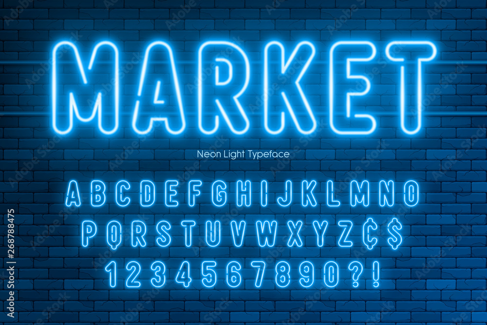 Neon light alphabet, extra glowing font design