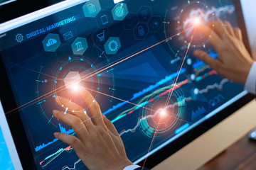 Wall Mural - digital marketing. businessman using touching and drag global structure networking on modern virtual