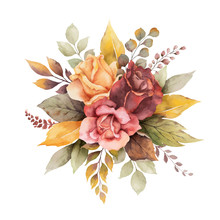 Watercolor Vector Autumn Arrangement With Roses And Leaves Isolated On White Background.