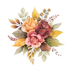 Wall Mural - Watercolor vector autumn arrangement with roses and leaves isolated on white background.