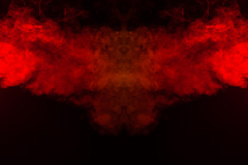 Wall Mural - Smoke of different orange and red colors in the form of horror in the shape of the head, face and eye with wings on a black isolated background. Soul and ghost in mystical symbol