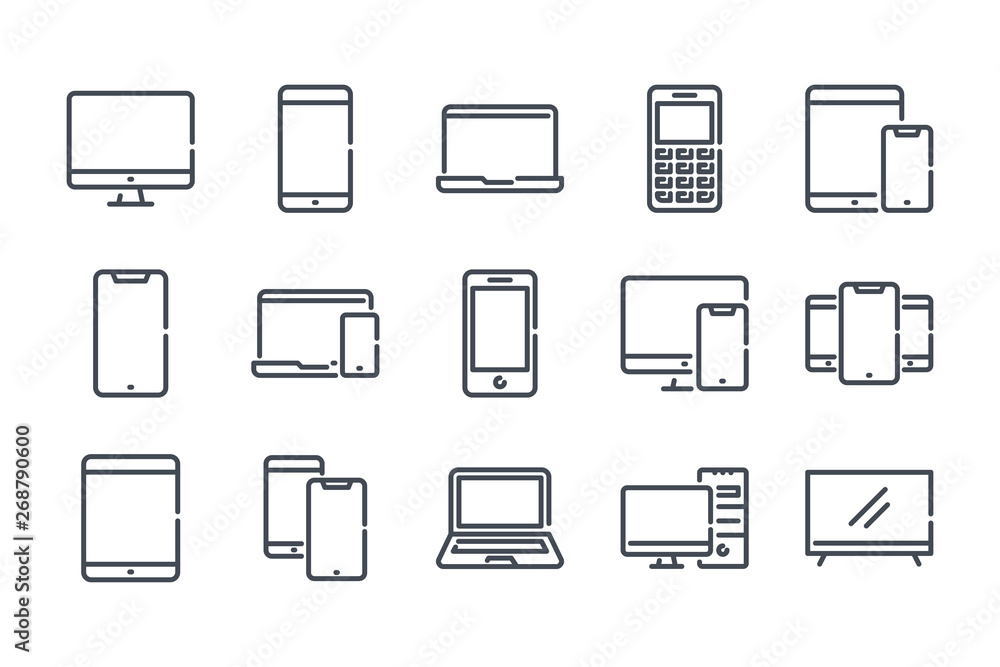Electronic and devices related line icon set. Computers and mobile phones linear icons. Laptop, hardware and tablet outline vector sign collection. - obrazy, fototapety, plakaty 