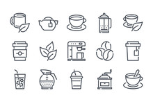 Tea And Coffee Related Line Icon Set. Coffee House Linear Icons. Coffee Break Outline Vector Sign Collection.