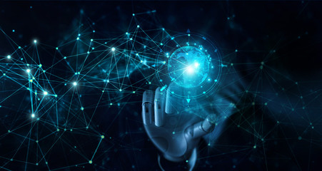 Fototapete - Hand of robot touching global futuristic network connection. AI, artificial intelligence, Iot, innovation and technology.