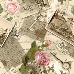 Vintage old paper with hand written letters, photos, stamps, keys, watercolor rose flowers for scrap booking