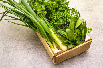 Fresh greens on a stone background