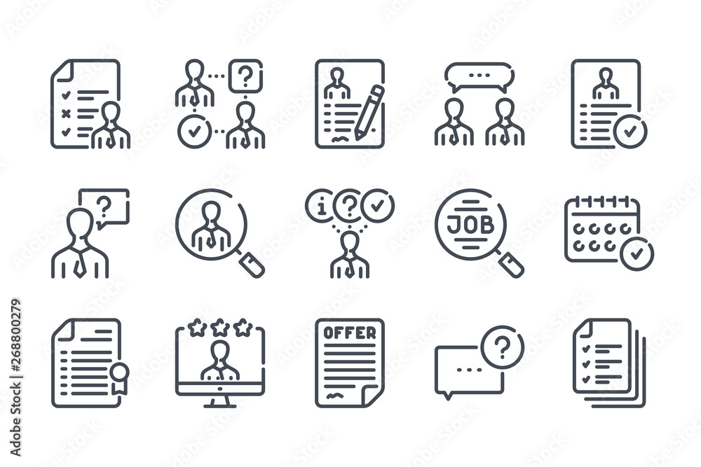 Interview related line icon set. Job offer and employment vector linear icon collection. - obrazy, fototapety, plakaty 